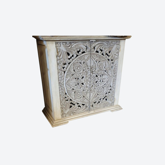 Light GRAY CEDAR WOOD CENTER CONSOLE TABLE WITH HANDCARVED MANDALA -SK- SKU 1064