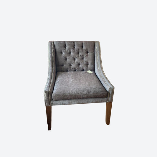 GRAY ORGANIC CANVAS FABRIC TUFTED ACCENT CHAIR WITH OAK LEGS -SK- SKU 1090